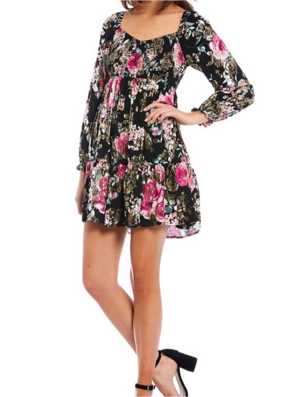 New! Crystal Doll Black Dress Gold Pink Floral Smock Long Sleeve Babydoll Medium